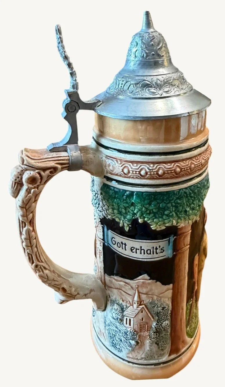 Vintage West German 1L Beer Stein Pewter Lid Hopfen Malz Relief 11.5